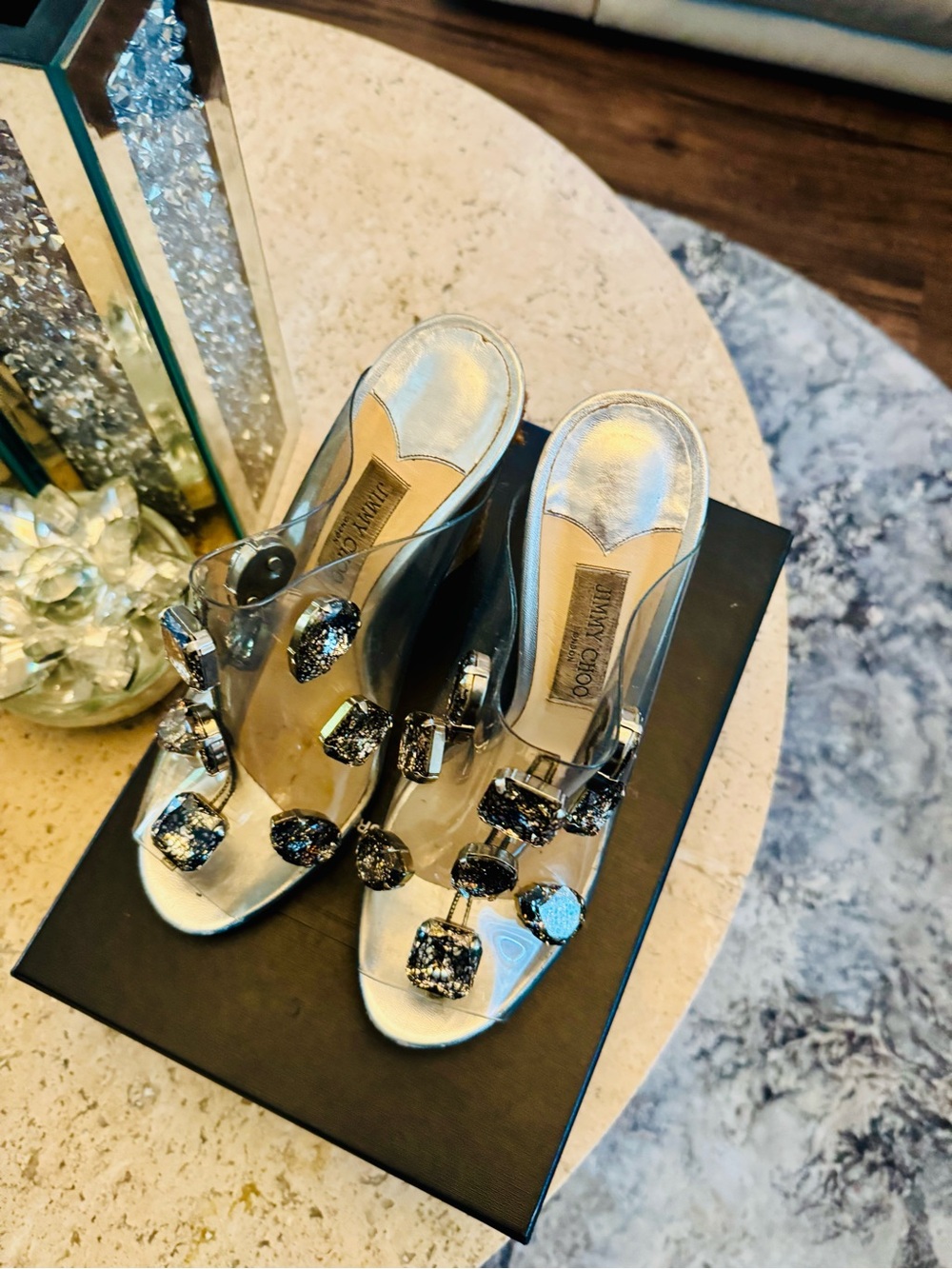 Jimmy Choo Crystal Embellished PVC Mule Heels Sandals Silver - Picture 3 of 5